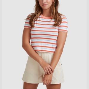 Roxy Striped Cropped Short Sleeve Ribbed Neck Tee / T-Shirt Size Various